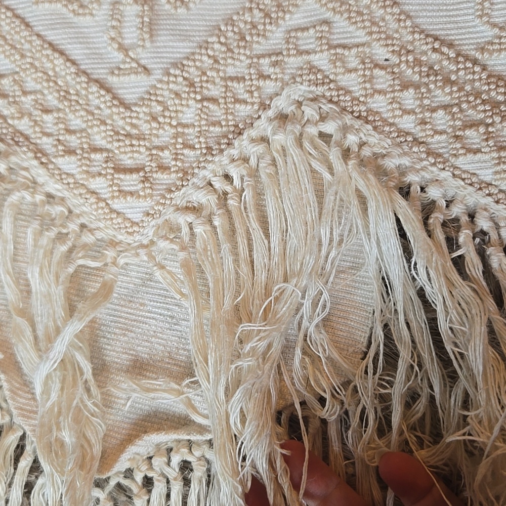 Cream Fringed Embroidered Throw Rug - Picture 6 of 10